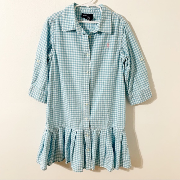 Ralph Lauren Gingham Print Button Front Shirt Dress Ruffled Hem Half Tab Sleeves - Picture 3 of 13